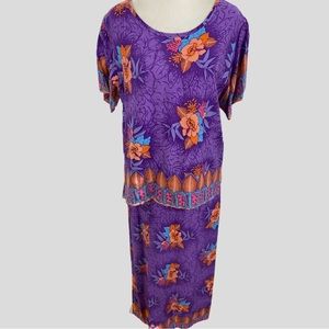Vintage Rainbow Jo Purple Hawaiian Print Shirt and Maxi Skirt Set